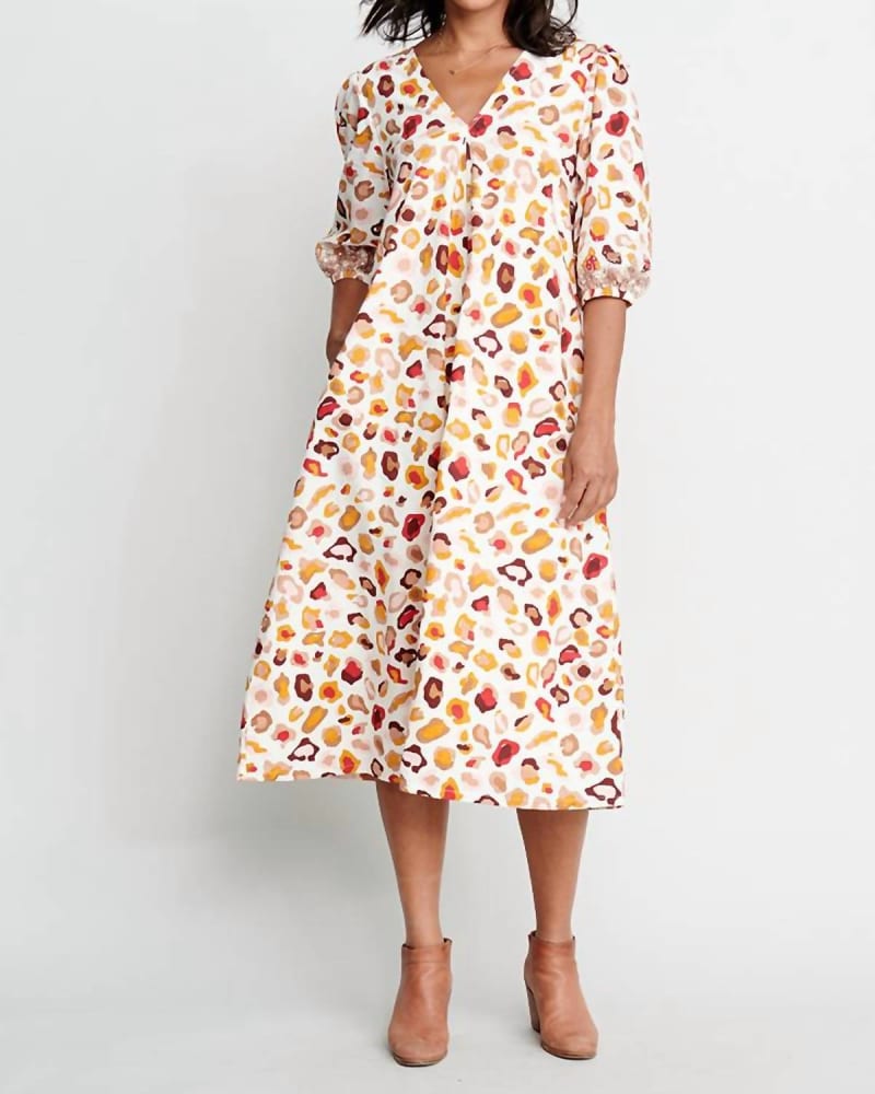 Front of a model wearing a size L Emmerson Dress In Multi Leopard in Multi Leopard by PINK CHICKEN. | dia_product_style_image_id:342708